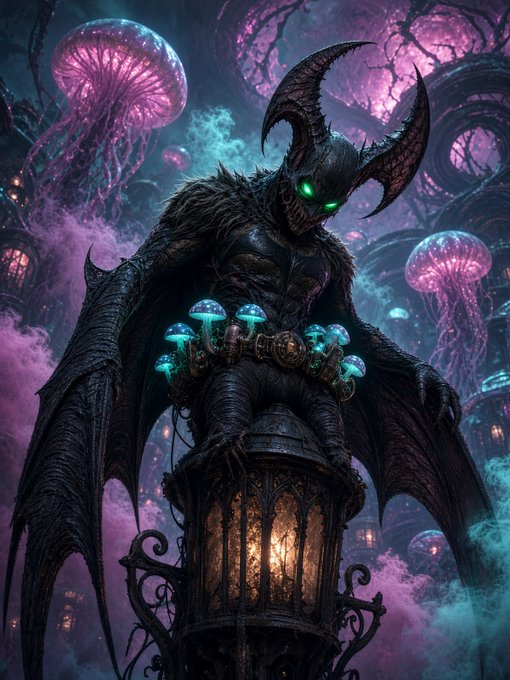A dark fantasy illustration shows a demonic, bat-winged figure with glowing green eyes sitting on a gothic lantern, surrounded by floating pink jellyfish and bioluminescent mushrooms in a misty, eerie environment.