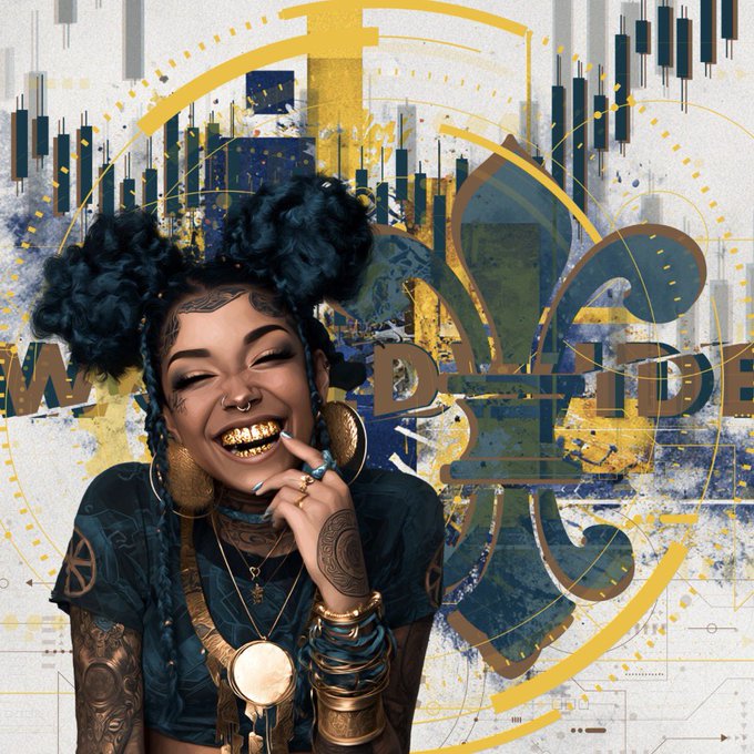 Album artwork features a smiling woman with curly hair, gold grills, and jewelry, layered over abstract blue and gold geometric designs with the word 'DIVIDE' visible.