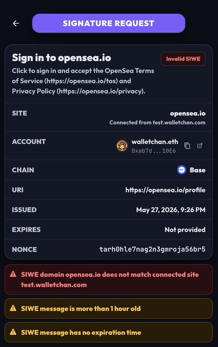 The image shows an error screen for a wallet application, with several red and yellow warning messages indicating that there might be a problem with the user's account or connection. The text of the post suggests that this issue may be related to the Ethereum blockchain, as it mentions "Sign-In With Ethereum".