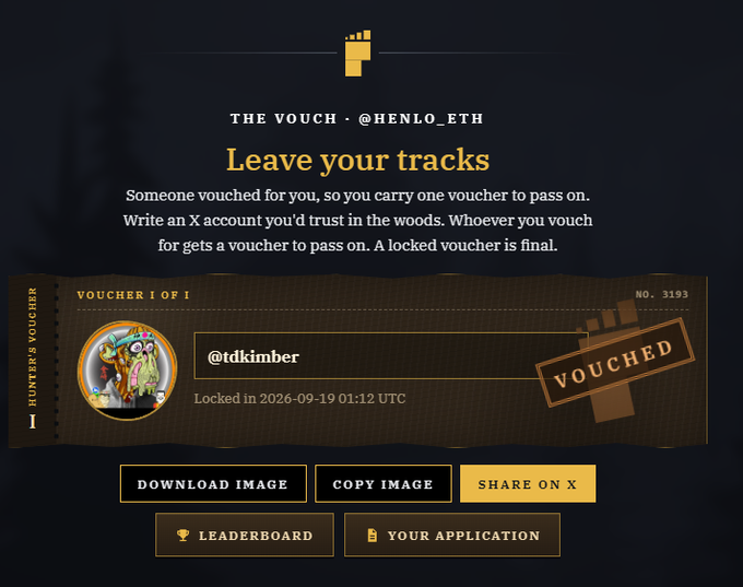 A screenshot of 'THE VOUCH' by @henlo_eth displaying a 'VOUCHED' status for @tdkimber, locked on 2026-09-19 01:12 UTC, with options to download, copy, or share the voucher.