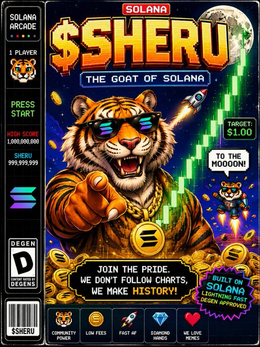 The image is a vibrant arcade-style graphic titled "$SHERU - THE GOAT OF SOLANA," featuring a sunglasses-wearing tiger pointing at the viewer, with a green candlestick chart showing a target of $1.00 and a speech bubble declaring "TO THE MOOOOON!" The design includes Solana branding, a $HERU high score of 999,999,999, and features like "COMMUNITY POWER" and "FAST AF," reinforcing the post's energetic message about the tiger-themed meme coin being built on Solana with a strong community-driven narrative.