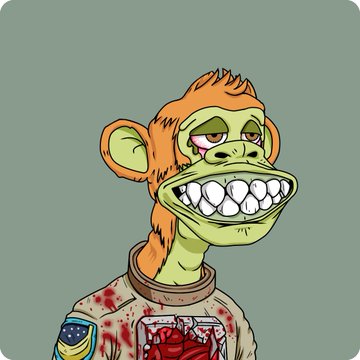 A cartoon mutant ape with orange fur, bloodshot green eyes, and a wide grin displaying large teeth, wearing a blood-stained white spacesuit with a "SPACE FORCE" patch and what appears to be a red anatomical heart design—visually matching the post's reference to the founder of @Ordinauts claiming "MAYC #5573" as their ideal space-suited ape for the NFT season.