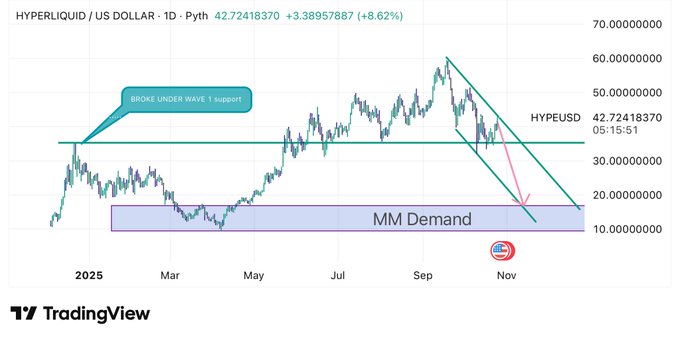 A TradingView 1-day chart shows Hyperliquid/US Dollar (HYPEUSD) at 42.72418370 (+3.38957887, +8.62%) having broken below Wave 1 support around $30 and declining toward a "MM Demand" zone near $10–15, contextualizing the earlier call that correctly identified the bottom before HYPE's subsequent 300% rally.