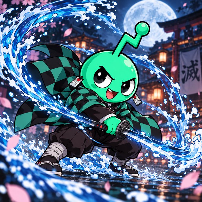 An anime-style illustration of a green alien-like character in a checkered haori wielding a katana amid water splashes, set against a Japanese temple backdrop with a full moon and cherry blossoms.