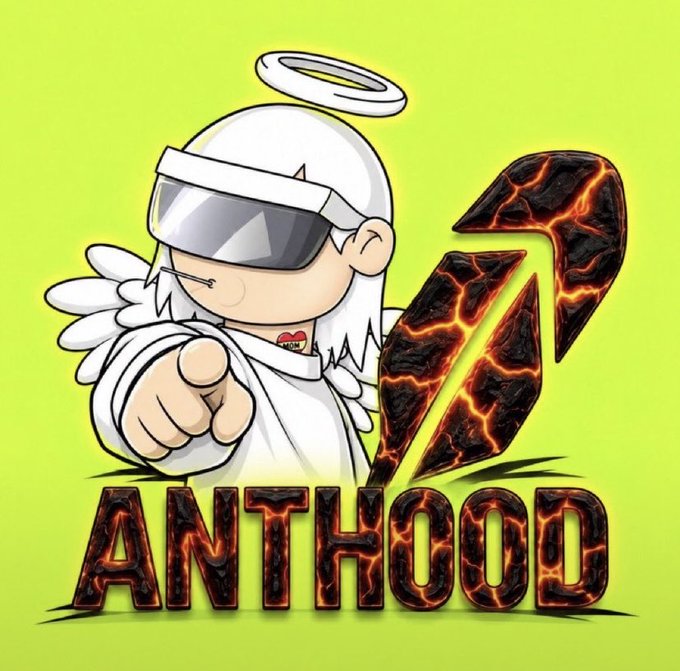 Cartoon logo featuring an angel character in white with sunglasses pointing forward, accompanied by the text 'ANTHOOD' in fiery lava-textured letters.