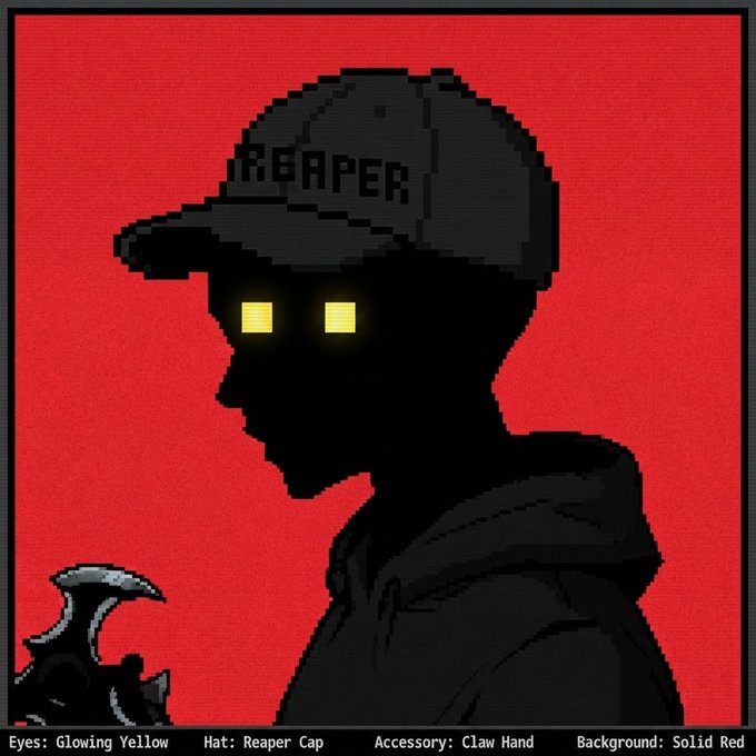 A pixel-art character with glowing yellow eyes and a black silhouette wears a 'REAPER' cap against a solid red background, with text at the bottom detailing 'Eyes: Glowing Yellow', 'Hat: Reaper Cap', 'Accessory: Claw Hand', and 'Background: Solid Red'.