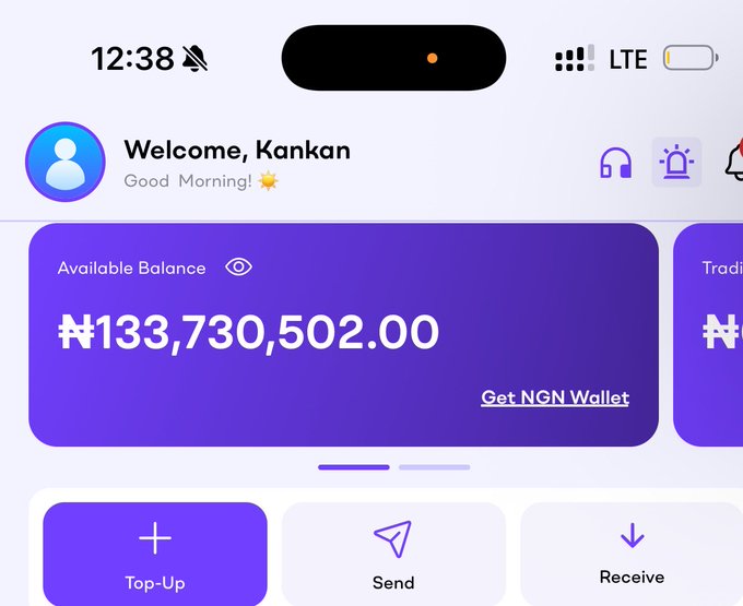 A mobile banking screenshot displays "Welcome, Kankan" with an available balance of ₦133,730,502.00 and options to Top-Up, Send, or Receive. The image accompanies the post to showcase profits taken from memecoin trading, with the substantial Naira balance serving as visual evidence of the earnings.