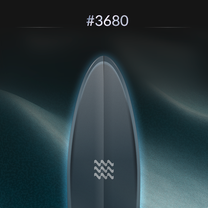 A dark, sleek surfboard-shaped object labeled '#3680' is displayed against a glowing blue background.