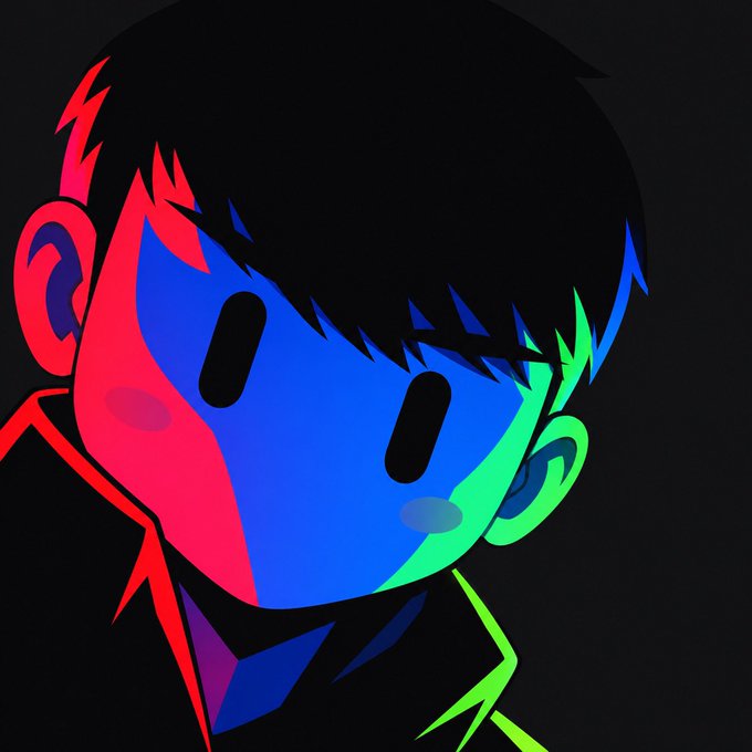 A stylized digital illustration of a character with black hair against a black background, rendered in bold blocks of neon red, blue, and green.