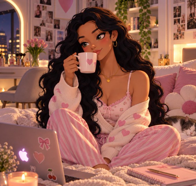 A digital illustration of a young woman with long dark wavy hair wearing pink heart-patterned pajamas, holding a heart mug while sitting on a bed with a cat and laptop.