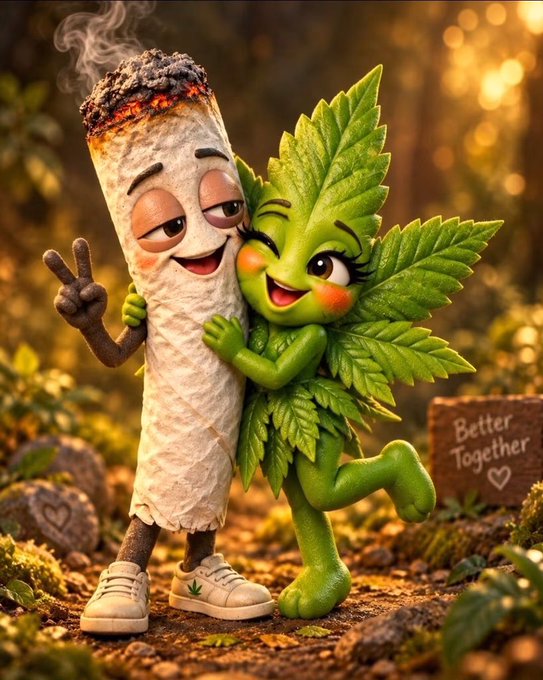 Whimsical 3D-rendered illustration of an anthropomorphic burning joint character making a peace sign next to a smiling anthropomorphic cannabis leaf character embracing, with a 'Better Together' sign in the background.