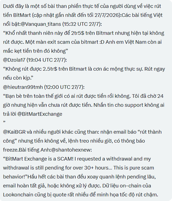 Vietnamese text describing user complaints about BitMart, with users like @Vanquan_titans, @Dzola17, @hieutran99tmh, @KaiBGR, and @shantoexnew reporting being unable to withdraw funds despite successful withdrawal notifications.
