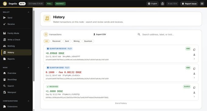Dogecoin DogeCoin wallet interface showing transaction history, including a received +0.89868 DOGE transaction and a send of 0.1800 fee 0.00132 DOGE, with wallet balance at 70.51000.