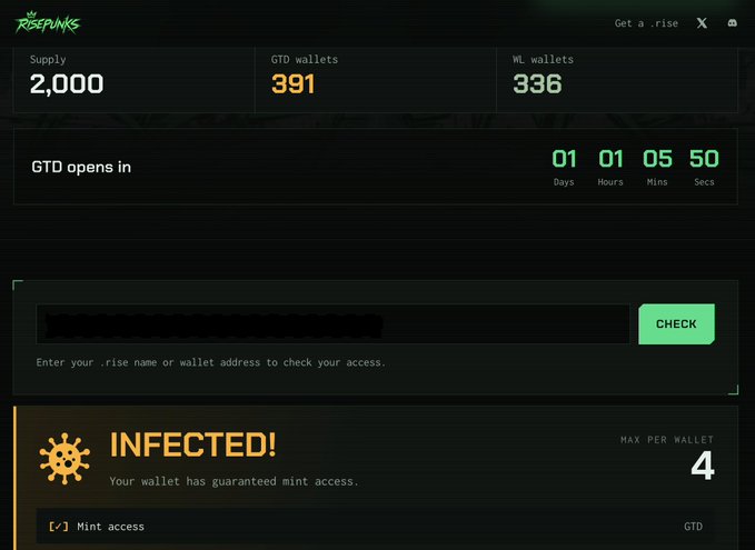 A webpage screenshot from 'rise punks' NFT collection showing supply statistics (2,000 supply, 391 GTD wallets, 336 WL wallets), a countdown timer (01 day, 01 hour, 05 mins, 50 secs), and an 'INFECTED!' mint access status.