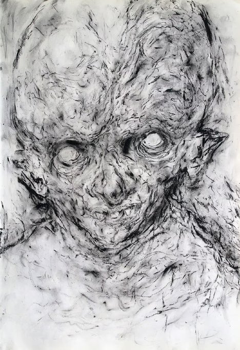 The image features a black and white drawing of a face, which appears to be a skull or a monster head. The drawing has a rough texture and is rendered with charcoal pencils, giving it an artistic and detailed appearance. The post seems to be promoting a product or service related to the artwork, as indicated by the text "Lover Boy Available on @opensea 0.15 E 1/1 opensea.io/item/ethereum". This suggests that there might be an online store selling this particular piece of art or a similar item.