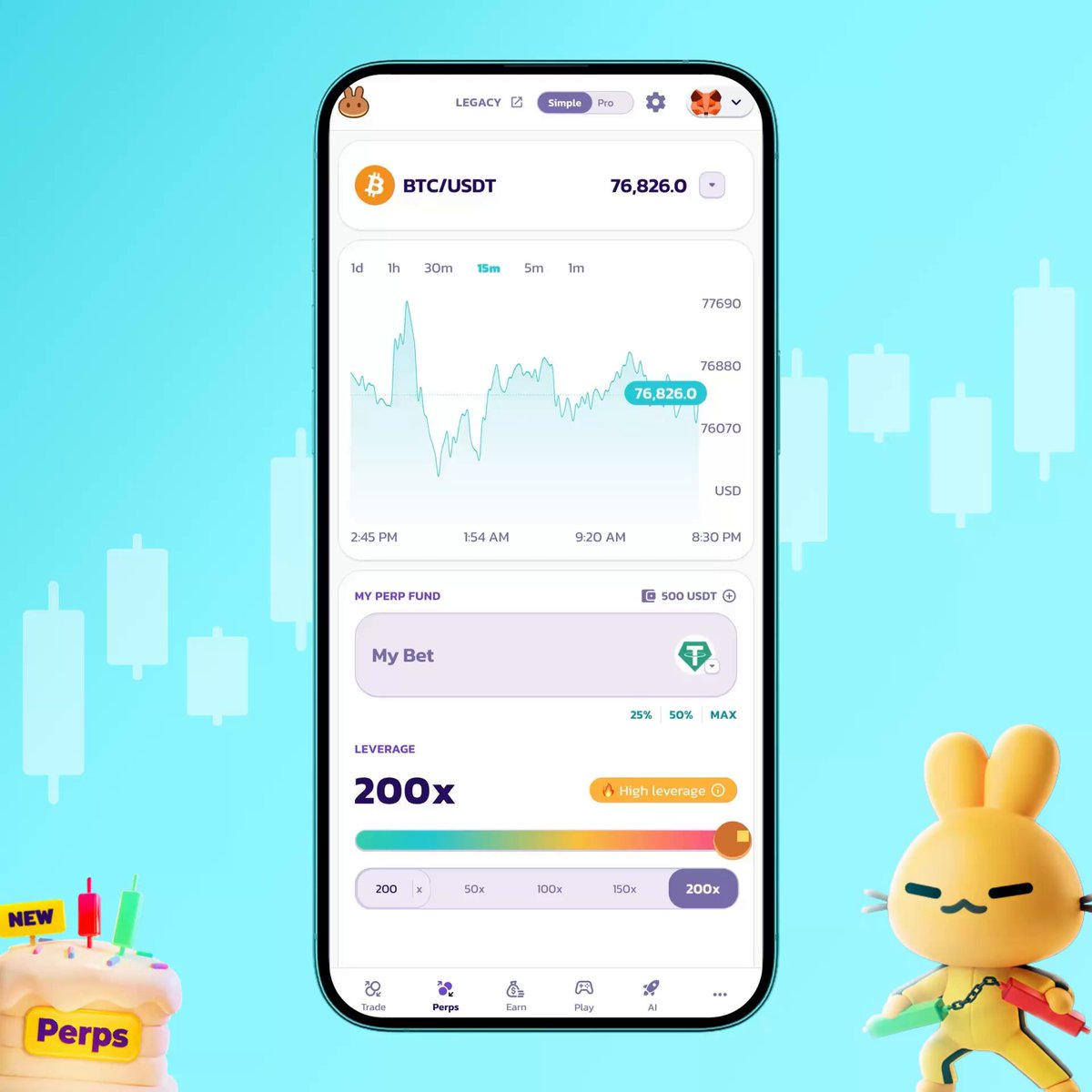 In the image, there's a black cell phone displaying information about a Bitcoin trading app with a blue background featuring white bars representing the daily closing prices of Bitcoin. A cute cartoon bunny figure stands next to a small figure holding a green cup and a pair of scissors. The post on which this image is displayed reads: "Your first trade: Simple Mode One click to go long or short. Perfect if you'r new to perps".