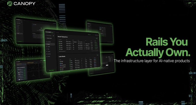 A promotional graphic for 'CANOPY' displays the tagline 'Rails You Actually Own' and 'The infrastructure layer for AI-native products' alongside dashboard mockups.