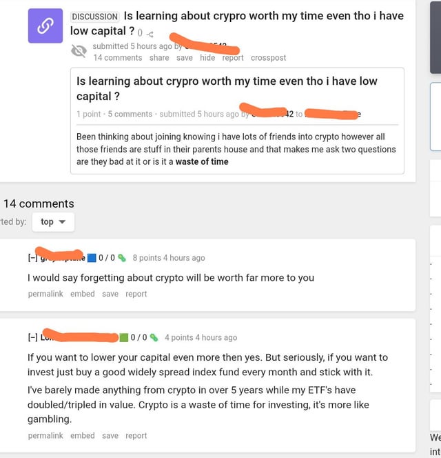 A Reddit discussion titled 'Is learning about crypro worth my time even tho i have low capital?' with comments suggesting crypto is a 'waste of time' and recommending index funds instead.