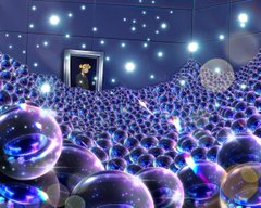 An illuminated room filled with glowing, iridescent spheres scattered across the floor and floating near the ceiling.