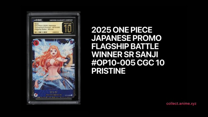 An auction listing for a 2025 One Piece Japanese Promo Flagship Battle Winner SR Sanji card (OP10-005), CGC graded 10 Pristine, displayed on collect.anime.xyz.
