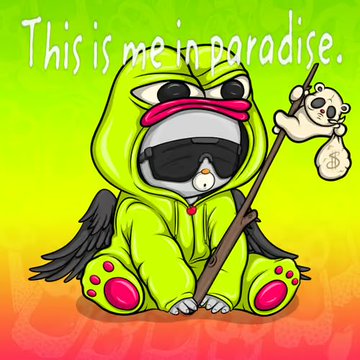A cartoon illustration of a chubby penguin character in a green frog-like hoodie with sunglasses, holding a staff with a money bag, with text reading 'This is me in paradise.'