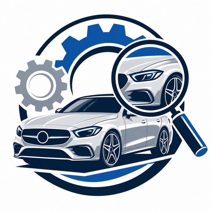 A blue and white logo featuring a car, gears, and a magnifying glass, suggesting an automotive service or inspection business.