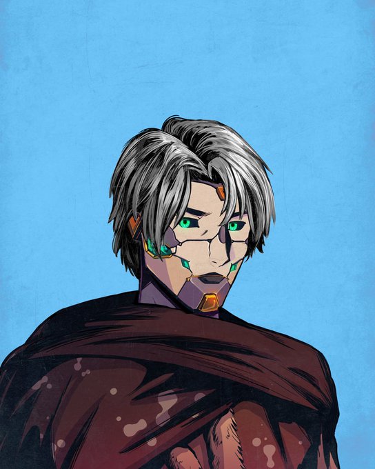 An anime-style illustration of a silver-haired character with green eyes and metallic facial features, wearing a brown cloak against a light blue background.