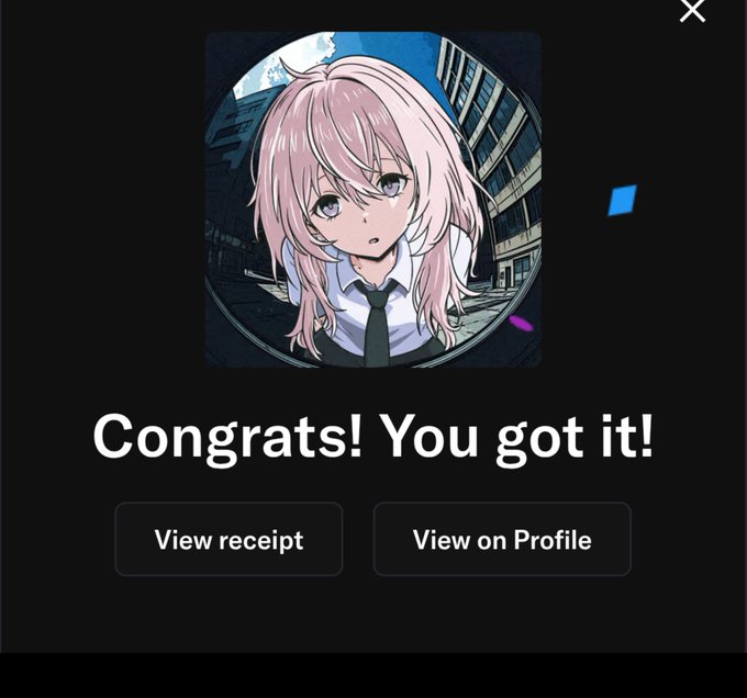 NFT purchase confirmation screen displaying 'Congrats! You got it!' featuring an anime-style pink-haired character with buttons for 'View receipt' and 'View on Profile'.