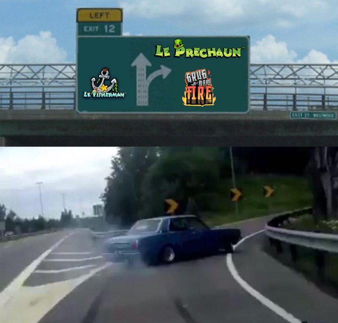 A blue car drifts under a highway exit sign for "Le Prechaun," "Le Fisherman," and "Frog and Fire," with the context suggesting these are newly released games on Duelbits casino platform.