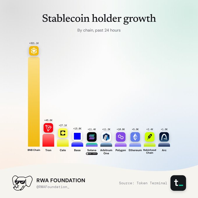 An infographic titled 'Stablecoin holder growth' by chain (past 24 hours), from the RWA Foundation (@RWAFoundation_) with Token Terminal as source, showing BNB Chain leading at +321.1K holders, followed by Tron (+45.6K), Celo (+27.1K), Base, Solana, Arbitrum One, Polygon, Ethereum, Robinhood Chain, and Arc.