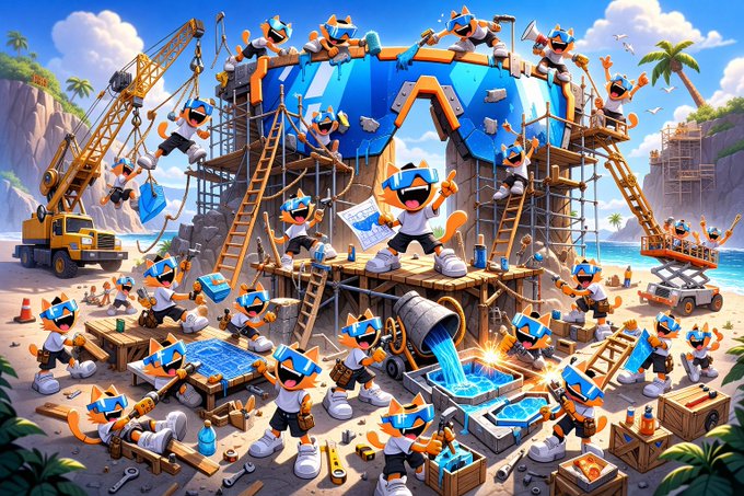 A vibrant cartoon illustration depicts numerous mascot characters wearing fox hats collaborating to construct a massive blue arch on a tropical beach, using cranes, ladders, and tools.