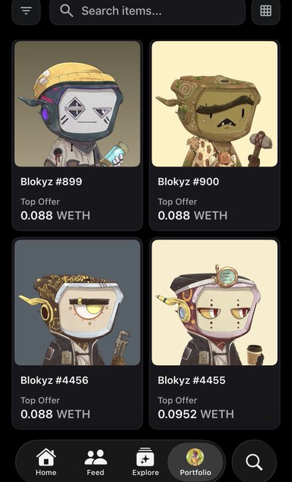 A mobile NFT marketplace displays four "Blokyz" character collectibles (#4455, #4456, #899, #900), each listed as a "Top Offer" priced at 0.088–0.0952 WETH, supporting the poster's excitement about their freshly revealed Blokyz NFT and the strong floor price holding around 0.1 ETH.