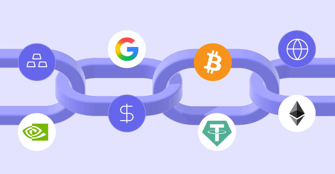 A graphic illustration of a purple chain linking various cryptocurrency and financial logos including Google, Bitcoin, Ethereum, Tether, and others.