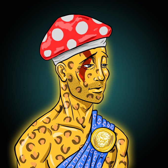 A digital illustration of a character with leopard-print skin wearing a red mushroom cap and a blue sash with a gold medallion, resembling the Pepe meme.