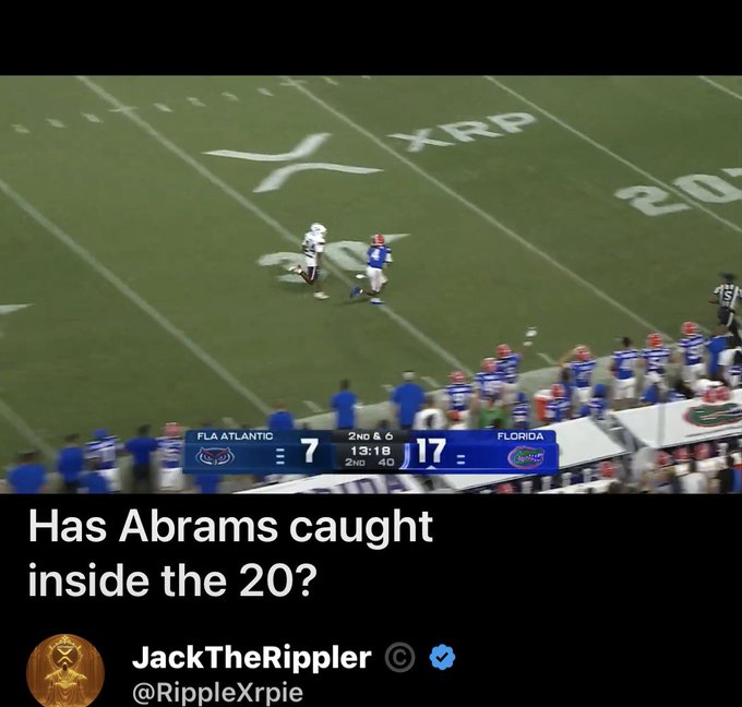 A screenshot from a college football broadcast shows Florida leading FAU Atlantic 17 to 7 in the 2nd quarter, with a tweet from JackTheRippler (@RippleXrpie) asking, 'Has Abrams caught inside the 20?'