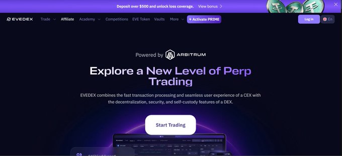 The image shows a website called "EVEDEX" with a purple background, featuring a logo for an online trading platform named "ArbitrageTrading". The website appears to be focused on exploring new levels of trading strategies and offers various methods for users to trade in different markets.