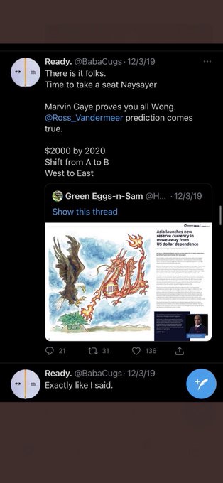 A Twitter/X post by @BabaCugs predicts '$2000 by 2020, Shift from A to B, West to East' referencing Asia launching a new currency reserve away from US dollar dependence.
