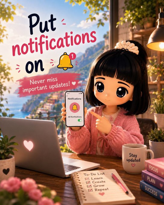 A cute anime-style girl in a pink sweater points to her smartphone displaying "Notifications: All Notifications" with the toggle switched on, accompanied by the bold text "Put notifications on — Never miss important updates!" alongside a To-Do List and a "Stay updated" mug. The image reinforces the post's message by visually encouraging viewers to enable notifications so they never miss key updates.