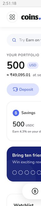 A screenshot of the coins. app portfolio showing a balance of '500 USD' (approximately ₹49,095.01) and a 'Savings' section with 500 USDC.