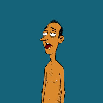 An animated cartoon character of a thin, disheveled man with a long nose, sparse hair, and an exposed torso against a dark teal background.