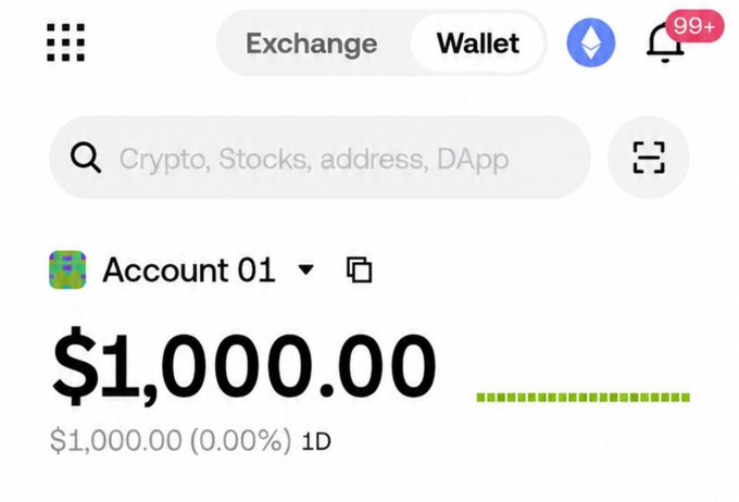 A crypto wallet interface showing a balance of $1,000.00 (0.00%) for Account 01, with Exchange/Wallet tabs and a search bar for crypto, stocks, addresses, or DApps.