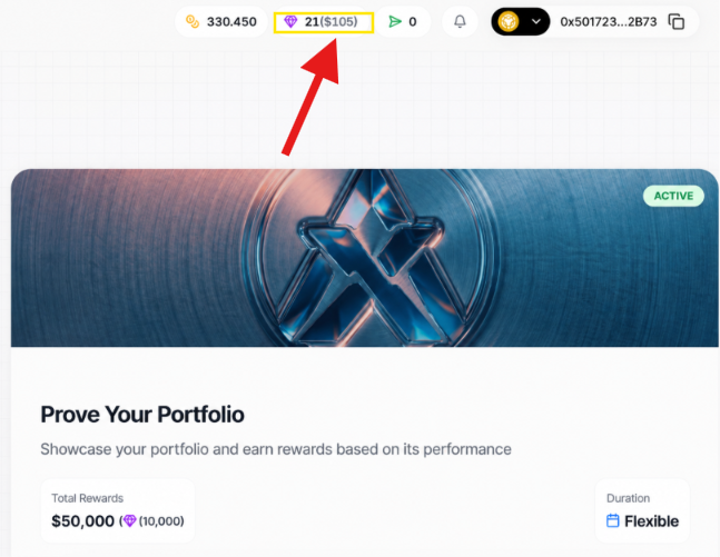 The image shows a screenshot of a user interface displaying "21 ($105)" next to a purple gem icon at the top, with a red arrow pointing to it. Below, a banner reads "Prove Your Portfolio - Showcase your portfolio and earn rewards based on its performance" with total rewards of $50,000 and a "Flexible" duration, highlighting the user's gem accumulation on AlloX.