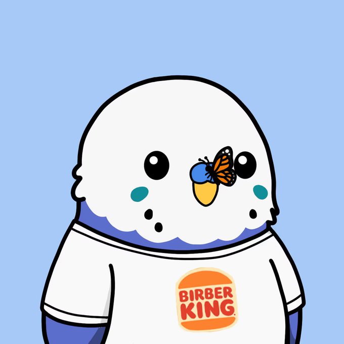 A cute cartoon character resembling a dollop of whipped cream with a butterfly on its face, wearing a white shirt with a Burger King logo.