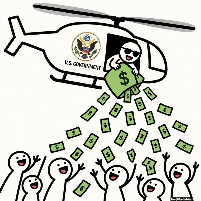 A political cartoon by TheBitcoinArtist showing a figure in sunglasses dropping money from a 'U.S. GOVERNMENT' helicopter onto a crowd of cheering stick figures.