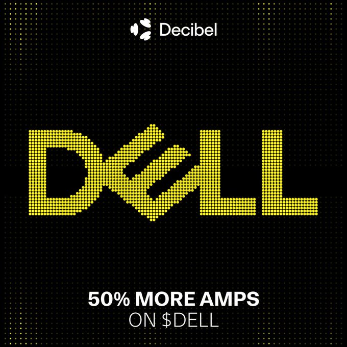 A digital graphic with a black background displaying 'Decibel' at the top and 'DELL' in large yellow pixelated letters, with '50% MORE AMPS ON $DELL' written below.