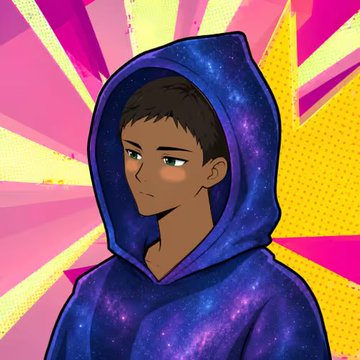 An anime-style portrait of a character in a galaxy-patterned blue hoodie against a vibrant pink and yellow starburst background.