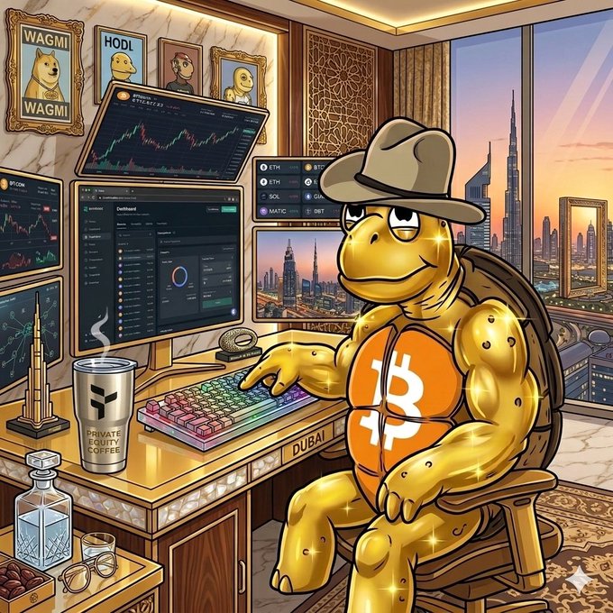 The image features a cartoon turtle sitting at a desk with a computer, keyboard, and mouse. The turtle appears to be wearing a hat and has an orange body adorned with a Bitcoin symbol. In front of the turtle, there are two cups - one containing coffee and another filled with water. A TV screen is also visible in the scene.

The post includes text that reads "Just hit my favorite flow trading perps on @usetria and damn it actually feels good. Clean orderbook, tight spreads, no weird slippage bullshit. Finally a perp platform that doesn't suck." The turtle seems to be enjoying its time at the desk while engaging in some form of online trading activity.