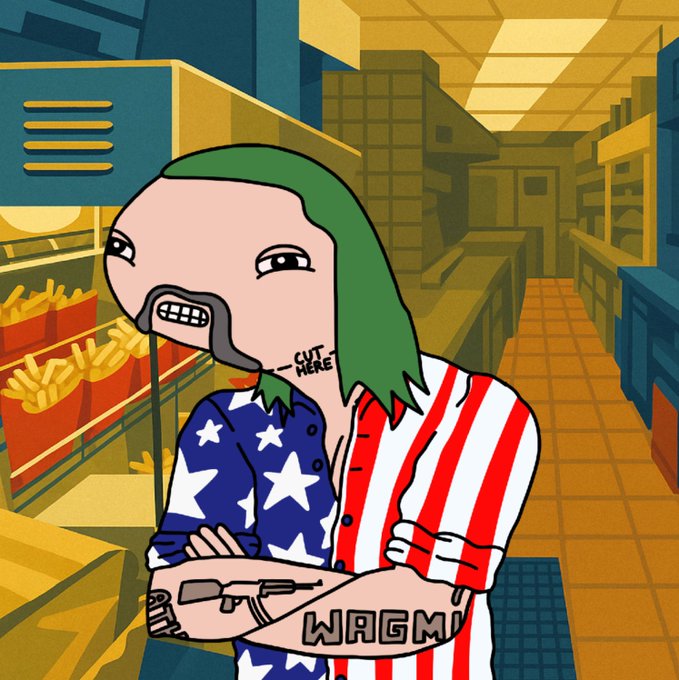 A cartoon character with green hair, an American flag shirt, and a "WAGMI" tattoo on the arm stands with arms crossed in what appears to be a fast food restaurant, with "CUT HERE" written on the neck. The image ties into the post's call to "tap GM" and promote the gm.ink platform with the user's .eth domain (aley.eth), emphasizing community engagement within the Ink Onchain ecosystem.