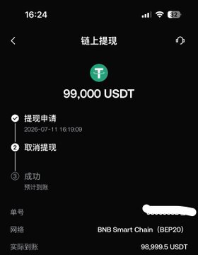 A mobile wallet withdrawal confirmation screen showing a successful 99,000 USDT withdrawal to BNB Smart Chain (BEP20) network.