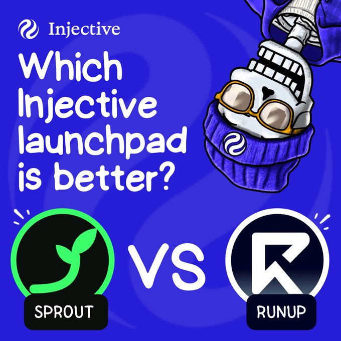 An Injective promotional comparison graphic asking 'Which Injective launchpad is better?' featuring 'SPROUT' versus 'RUNUP' logos, with an illustration of an Injective-branded bottle.